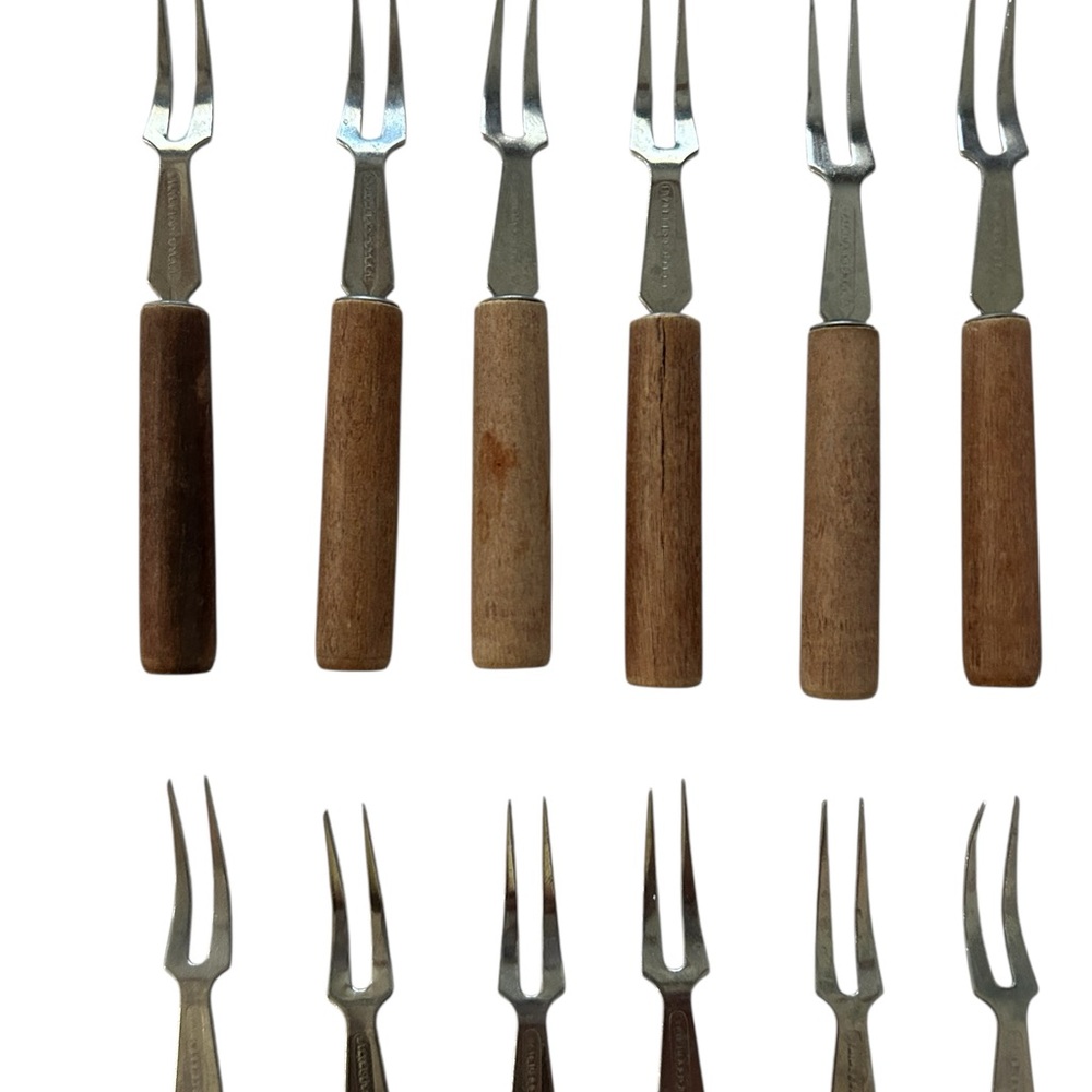 Cocktail  Appetizer Forks And Knife Small Stainless Steel & Wood 15 Pc Vintage - Picture 2 of 15